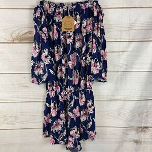 NWT Kori American Off-the-Shoulder Bell Sleeves Romper One Piece Blue Floral S
